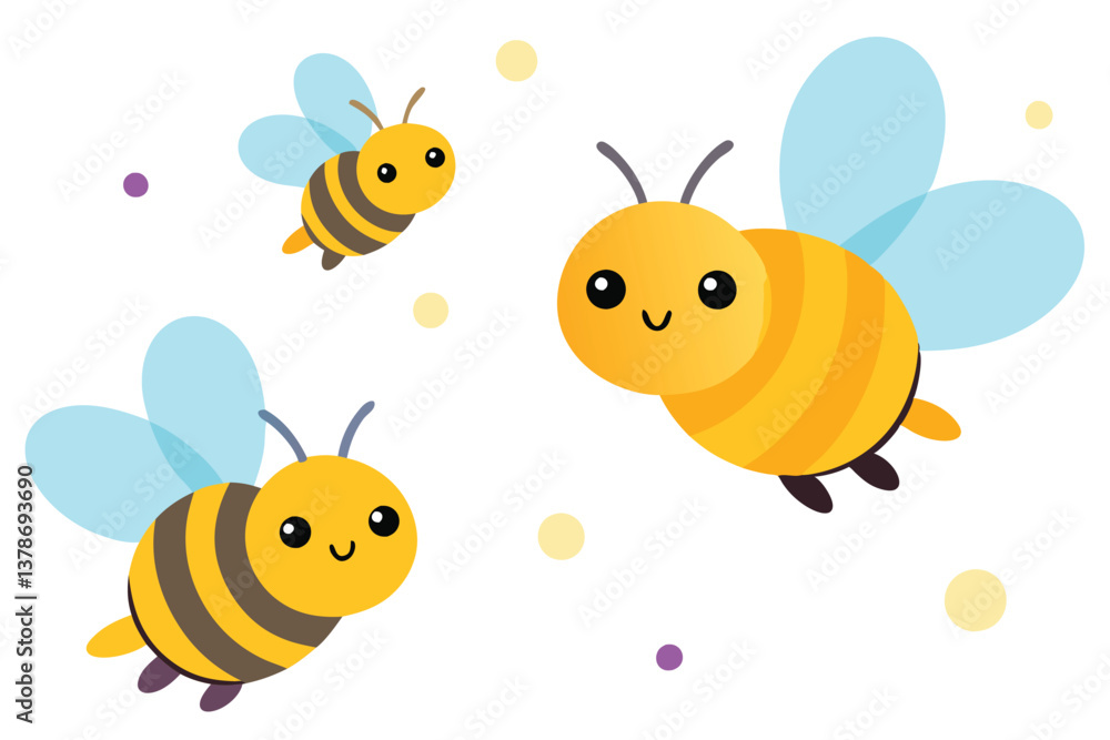 Happy Flying Bee Cartoon Set with Light Blue Wings on White Background Happy Flying Bee Cartoon Set with Light Blue Wings on White Background