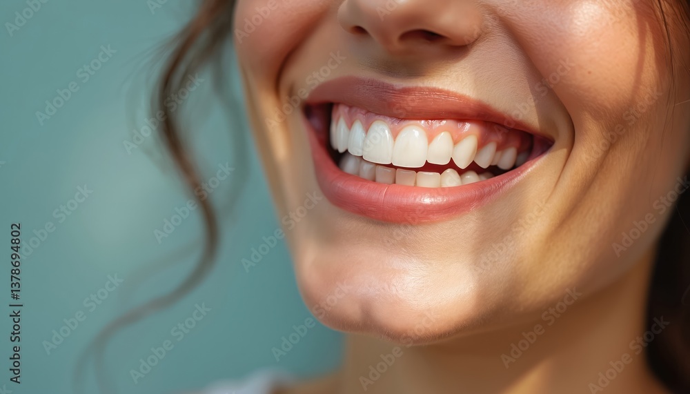 Obraz premium Illustration close-up of happy woman face, open white teeth smile. Healthy perfect smile, dental care, beauty, cosmetics, happiness. Lip gloss, make up, perfect skin face, cheek bones. Dentistry