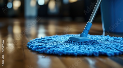 A close-up view of a blue mop cleaning shiny wooden floors in a well-lit interior space