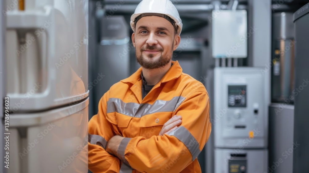 A service worker in an orange uniform stands by, offering expertise in refrigerator repair and upkeep. A service worker in an orange uniform stands by, offering expertise in refrigerator repair and upkeep.