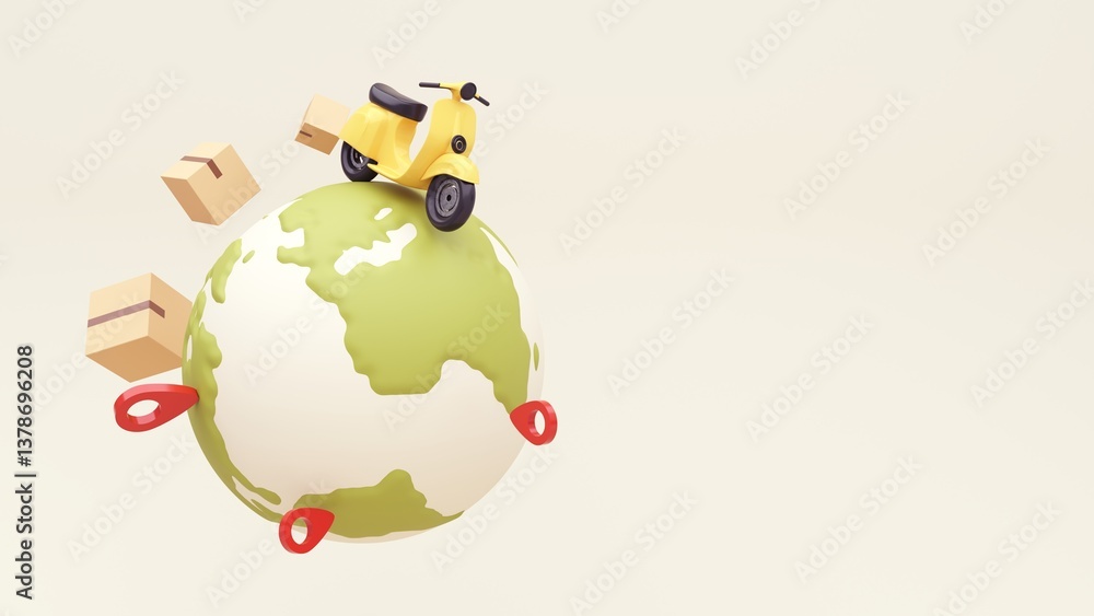 Fototapeta premium 3d render of the concept of fast delivery of parcels around the world by car, plane, scooter. Online shopping. Urgent delivery and logistics. Cargo transportation. Shopping without leaving home.