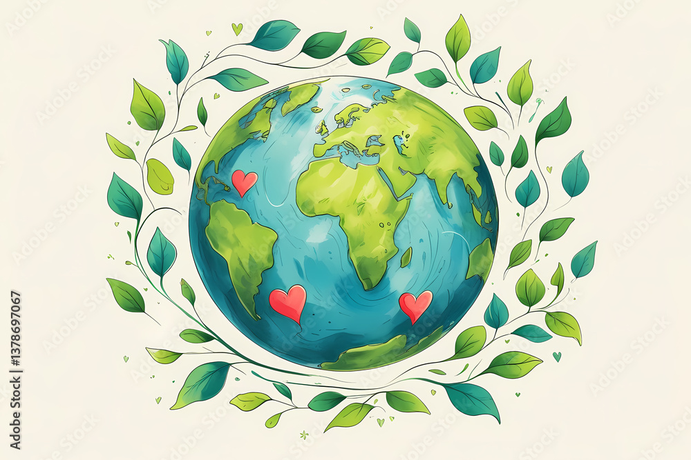 Fototapeta premium Watercolor Earth Globe Surrounded by Green Leaves Wreath in Sustainable Environment
