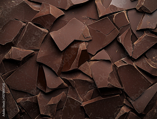 High-resolution close-up image depicting a dense collection of irregularly shaped, broken pieces of dark chocolate.  The pieces vary slightly in size and shape, creating a textured surface with