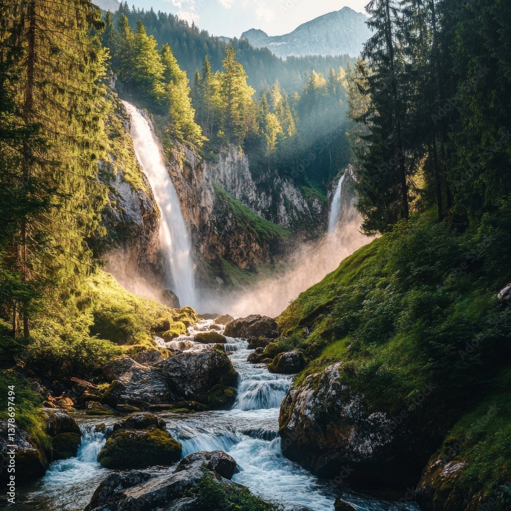 Fototapeta premium Stunning mountain waterfall in lush forest with sunlit mist and flowing stream