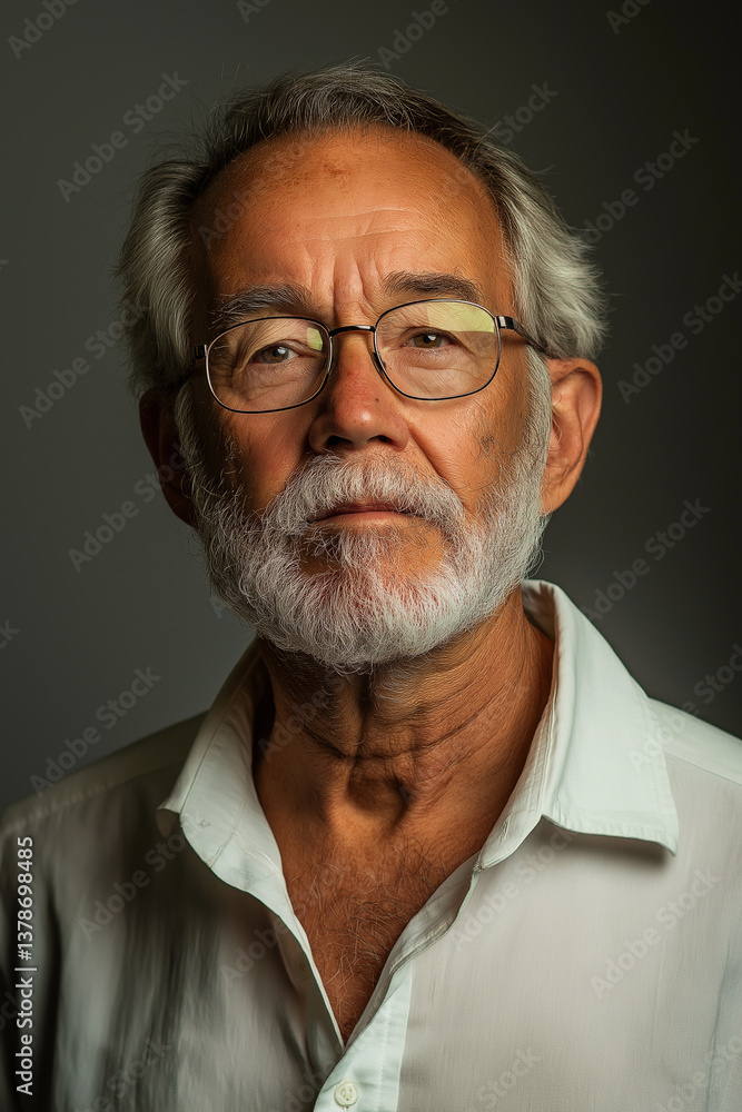 Fototapeta premium The image is a close-up portrait of an older man's face, sharply focused on his facial features. His skin shows texture and the natural signs of aging, including wrinkles. He has a full, white beard