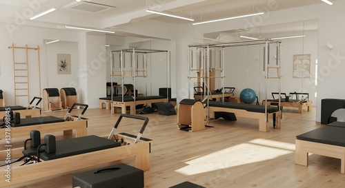 Modern Pilates Studio Interior with Reformer Machines, Ladder Barrel, and Exercise Equipment, Bright and Spacious Room with Large Mirrors, Light Wood Flooring.