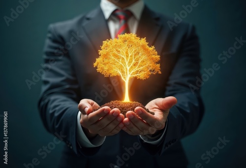 Economic Growth and Financial Innovation: Glowing Tree in Businessman’s Hands