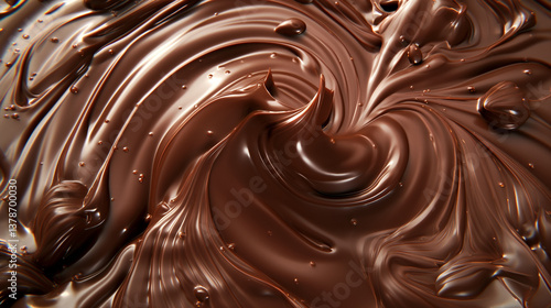 High-angle, close-up macro shot of swirling, melted chocolate. The image showcases a dynamic texture with varying shades of brown, highlighting the glossy and smooth surface of the chocolate.  The