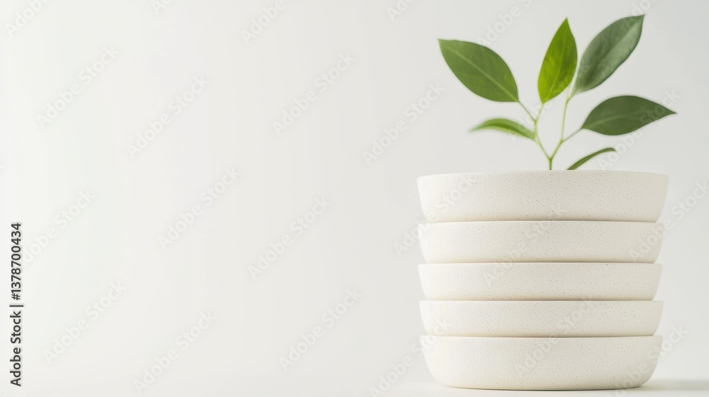 Plant growing in stacked white bowls on a light background Plant growing in stacked white bowls on a light background