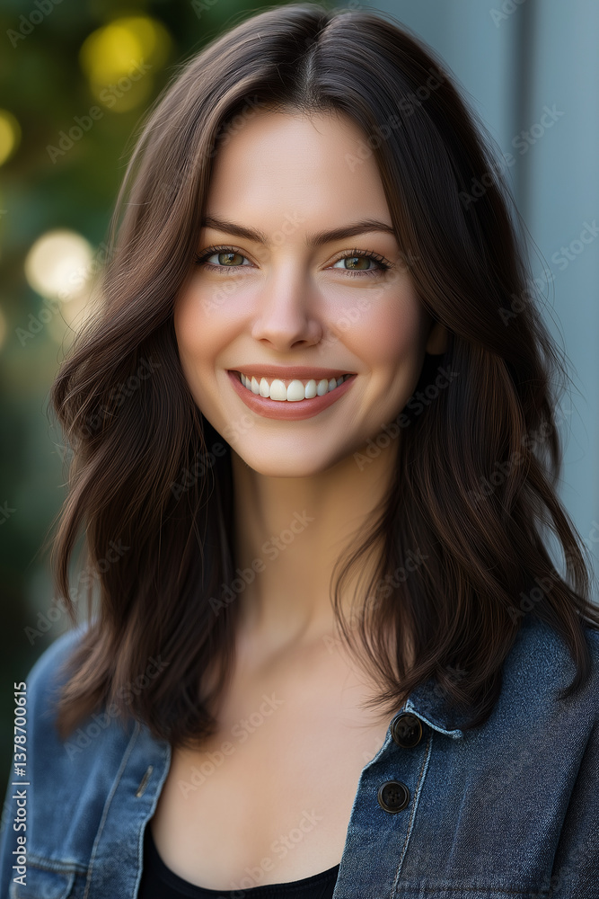 Close-up shot of a young woman's face, showcasing a bright, genuine smile. Her long, dark brown hair frames her face, which is in sharp focus. The image features a shallow depth of field, with the Close-up shot of a young woman's face, showcasing a bright, genuine smile. Her long, dark brown hair frames her face, which is in sharp focus. The image features a shallow depth of field, with the