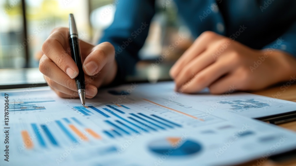 Business Analyst Reviewing Financial Data, Charts and Graphs