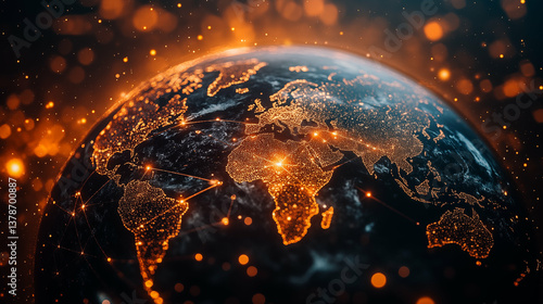 Digital globe showing illuminated network connections across continents with glowing orange lights. Global technology concept for international business and communications systems
