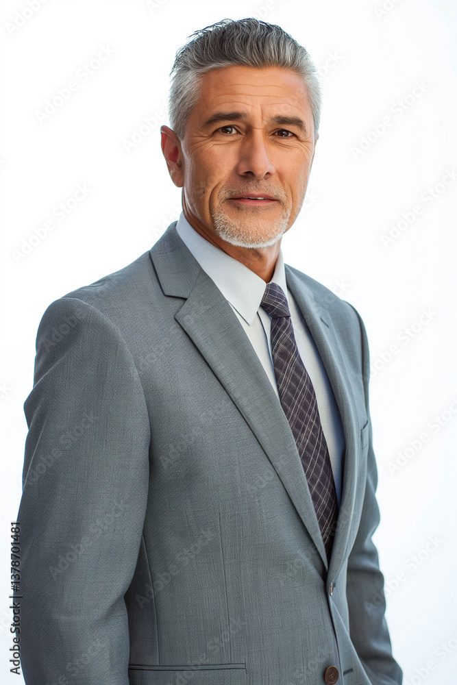 Close-up, headshot-style portrait of the upper body of a senior man in a gray suit and tie against a pure white background. The image showcases a shallow depth of field, focusing primarily on the Close-up, headshot-style portrait of the upper body of a senior man in a gray suit and tie against a pure white background. The image showcases a shallow depth of field, focusing primarily on the