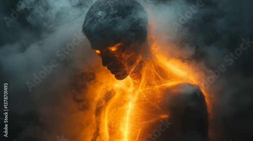 Silhouette figure with fiery glow emanating from body against dark smoky background. Concept of transformation, inner power, and human energy visualization