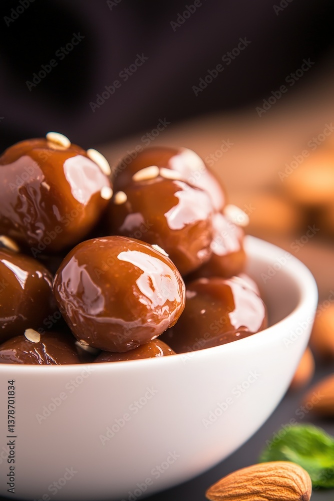 Delicious Caramel Coated Almonds in a Bowl Close Up Sweet Treat Delicious Caramel Coated Almonds in a Bowl Close Up Sweet Treat