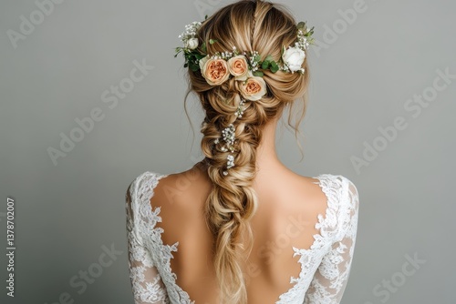 Bride showing braided hairstyle with flower crown and wedding dress