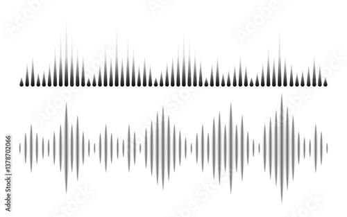 Black sound waves on white background - Music wave frequency or equaliser audio lines and digital voice volume visualisation vector set isolated illustrations 