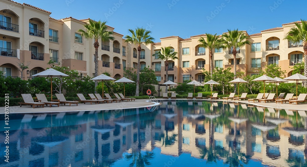 Luxurious Resort Pool with Palm Trees and Mediterranean Style Buildings Reflecting in Calm Water Luxurious Resort Pool with Palm Trees and Mediterranean Style Buildings Reflecting in Calm Water