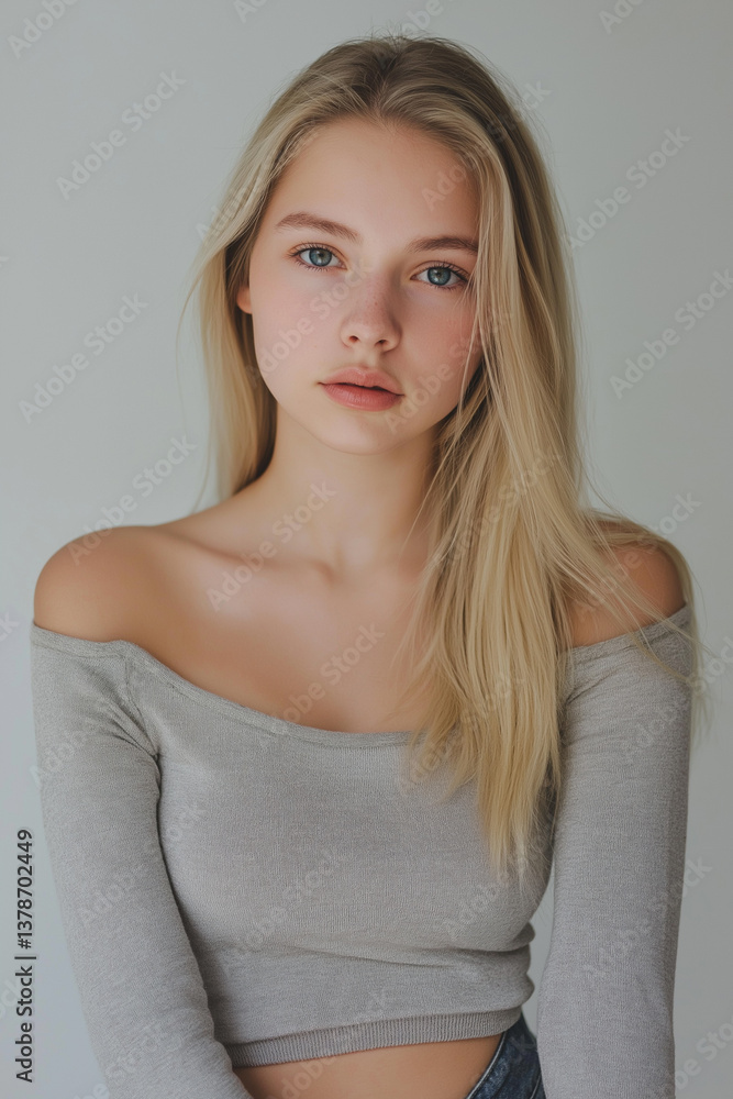Fototapeta premium Close-up portrait of a young woman with long, straight blonde hair. She is wearing a light grey off-shoulder top. The background is a plain, light grey, providing a neutral backdrop that emphasizes