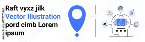 Blue geo-tag icon and human head with AI chip, surrounded by icons of data, chat, globe, and innovation. Ideal for AI, technology, innovation, data analytics mobile apps machine learning simple