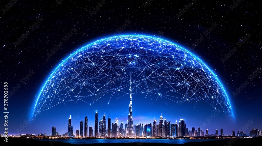 Fototapeta premium Glowing Blue Dome over Night City Skyline