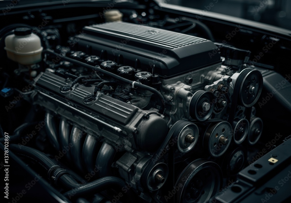 High-performance car engine showcasing intricate mechanical design and engineering High-performance car engine showcasing intricate mechanical design and engineering