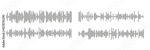 Black sound waves on white background - Music wave frequency or equaliser audio lines and digital voice volume visualisation vector set isolated illustrations 