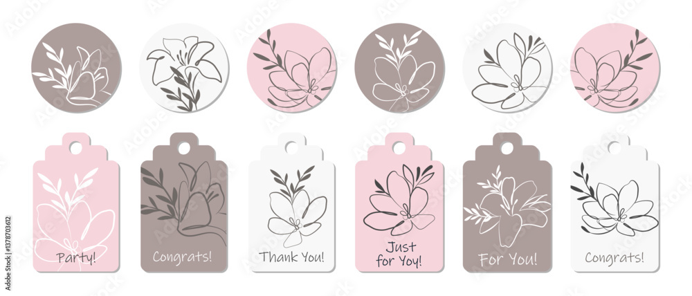 Rustic sticker set or greeting card template with outline flowers. Anniversary, birthday, wedding, party, social media banner set. Rustic sticker set or greeting card template with outline flowers. Anniversary, birthday, wedding, party, social media banner set.