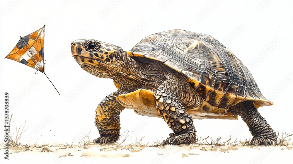 Obraz premium Tortoise and Kite A Watercolor Painting of a Turtle of excellence in splendor beyond compare