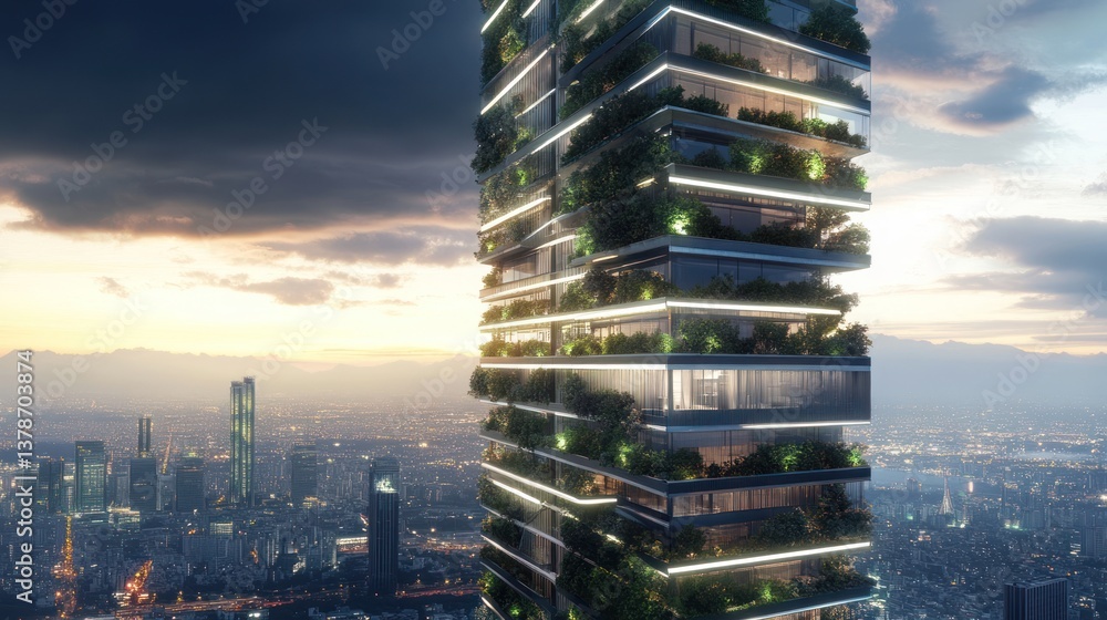 Obraz premium A modern skyscraper design featuring greenery and city views