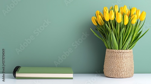 Yellow Tulips in Woven Basket and Green Book on White Shelf Against Sage Green Wall