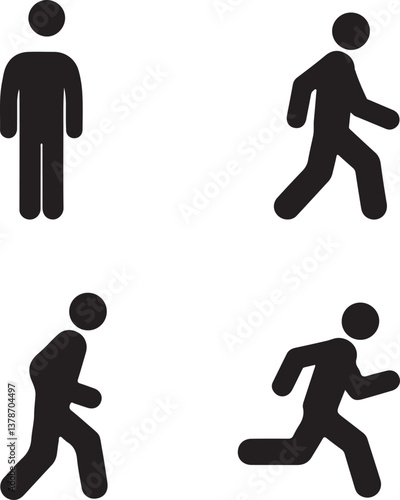 Vector illustration of man stands, walk and run icon set. People vector symbol. Person standing, walking and running illustration. Run, walk, stand. Vector illustration