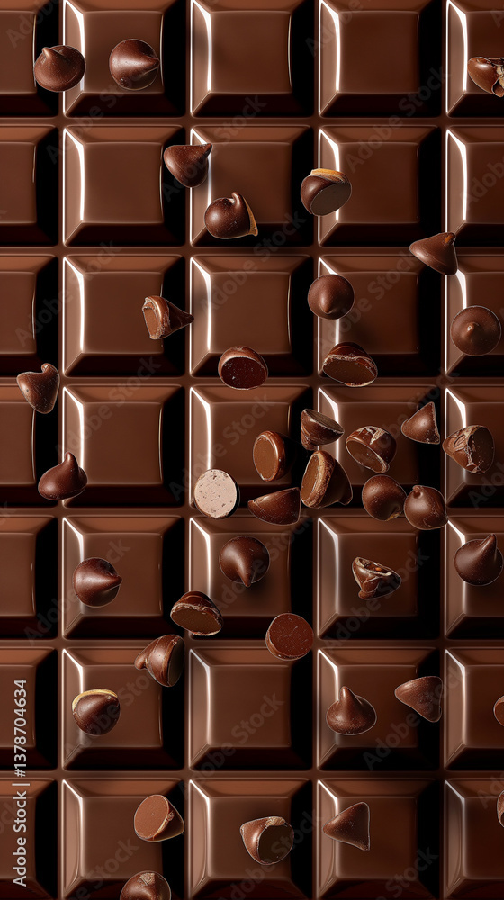 Fototapeta premium A high-resolution close-up image depicts a milk chocolate bar with numerous chocolate chips falling and scattered across its surface. The chocolate has a glossy sheen and a smooth texture. The