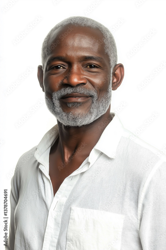 A close-up shot depicts the upper torso and face of a senior man with dark skin and a prominent gray beard. The image is sharply focused on the man's face, highlighting the texture of his skin and A close-up shot depicts the upper torso and face of a senior man with dark skin and a prominent gray beard. The image is sharply focused on the man's face, highlighting the texture of his skin and
