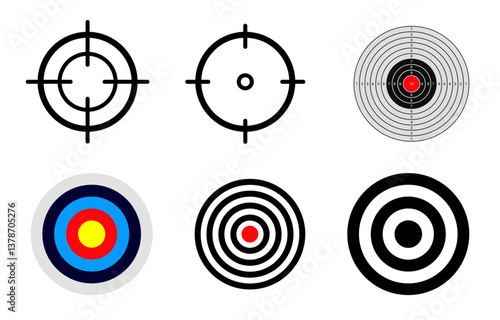 Archery target set. Shoting target set. Set of targets at white background. Concept of archery or reaching the goal in business. Vector illustration. archery target set shooting target