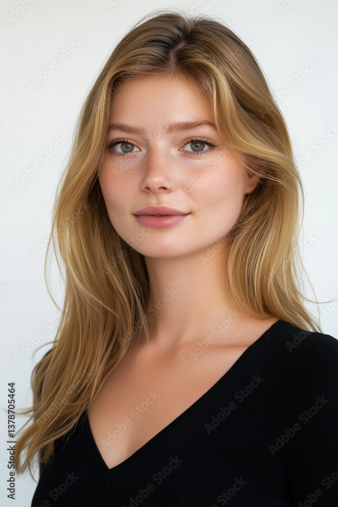 A close-up studio shot of a young woman's face and upper shoulders. The image features a shallow depth of field, focusing primarily on her face and upper chest. Her blonde hair is long and falls A close-up studio shot of a young woman's face and upper shoulders. The image features a shallow depth of field, focusing primarily on her face and upper chest. Her blonde hair is long and falls