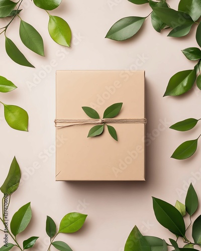 Eco packaging design Eco-friendly gift box with green leaves.