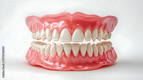 Full Set of False Teeth with Pink Gum on White Background for Dental Health and Medical Treatment