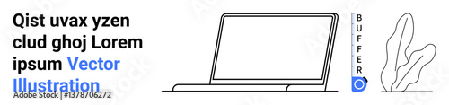 Open laptop placed beside a stylized abstract plant and vertical text element. Clean lines and minimal design. Ideal for technology, productivity, workspace ideas, modern design, branding