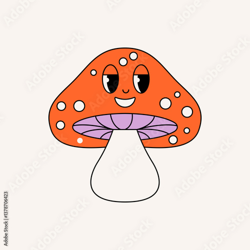 Groovy mushroom. Psychedelic funky cartoon mushrooms character with eyes, trippy hippie fly mushroom sticker, acid trip shamanic bohemian magic fungi element. Vector illustration