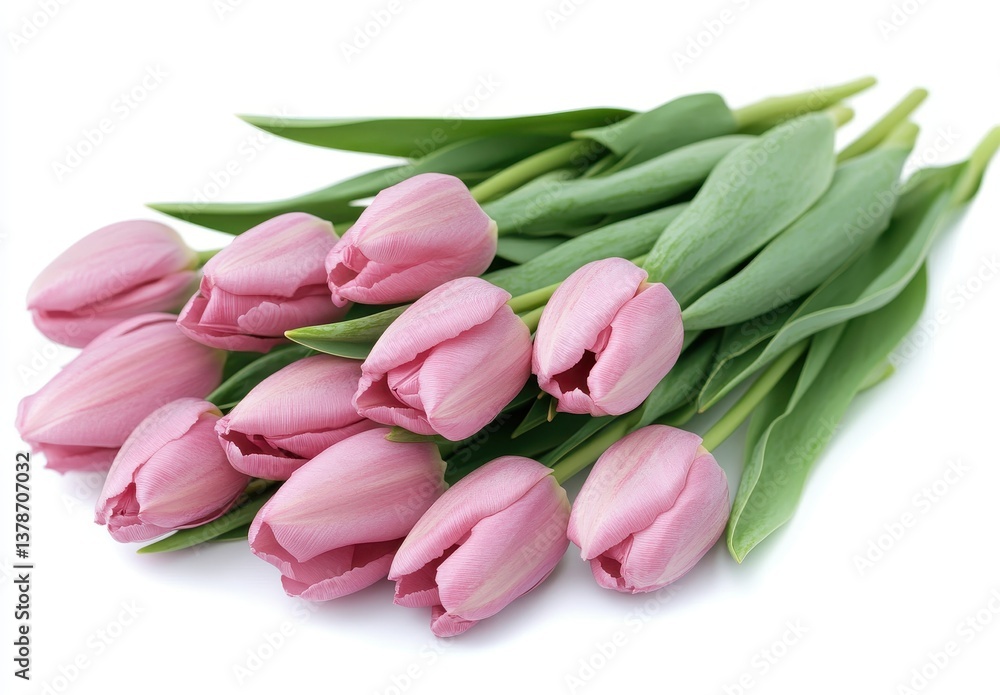 A bunch of delicate pink tulips with lush green leaves on a white background, epitomizing elegance and freshness. A bunch of delicate pink tulips with lush green leaves on a white background, epitomizing elegance and freshness.
