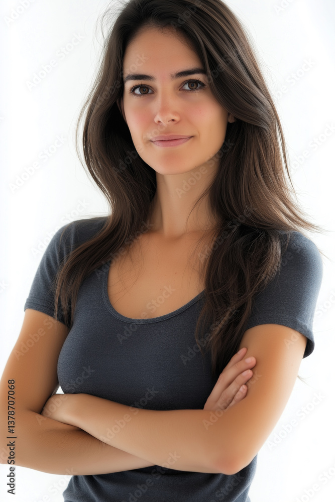 The image is a close-up portrait of a young woman with long, dark brown hair. The shot focuses on her face, neck, and upper shoulders. Her expression is calm and serene. She is wearing a simple, The image is a close-up portrait of a young woman with long, dark brown hair. The shot focuses on her face, neck, and upper shoulders. Her expression is calm and serene. She is wearing a simple,