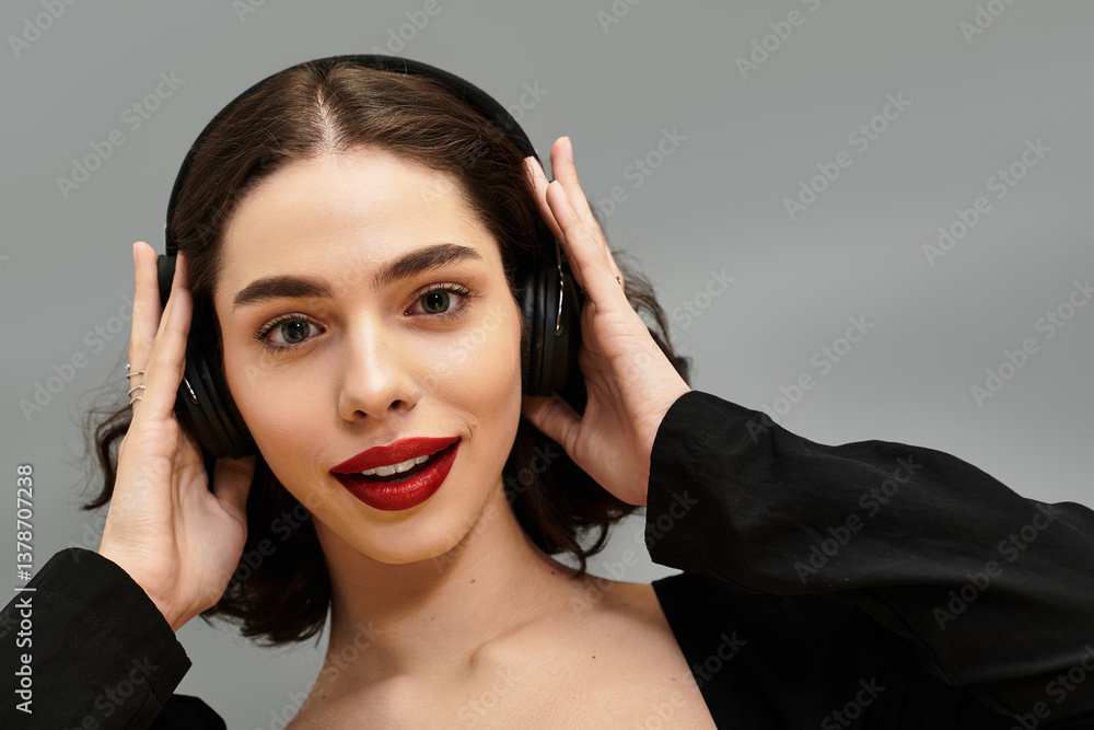 Fototapeta premium Young woman with striking red lips and braces enjoying music on a grey backdrop