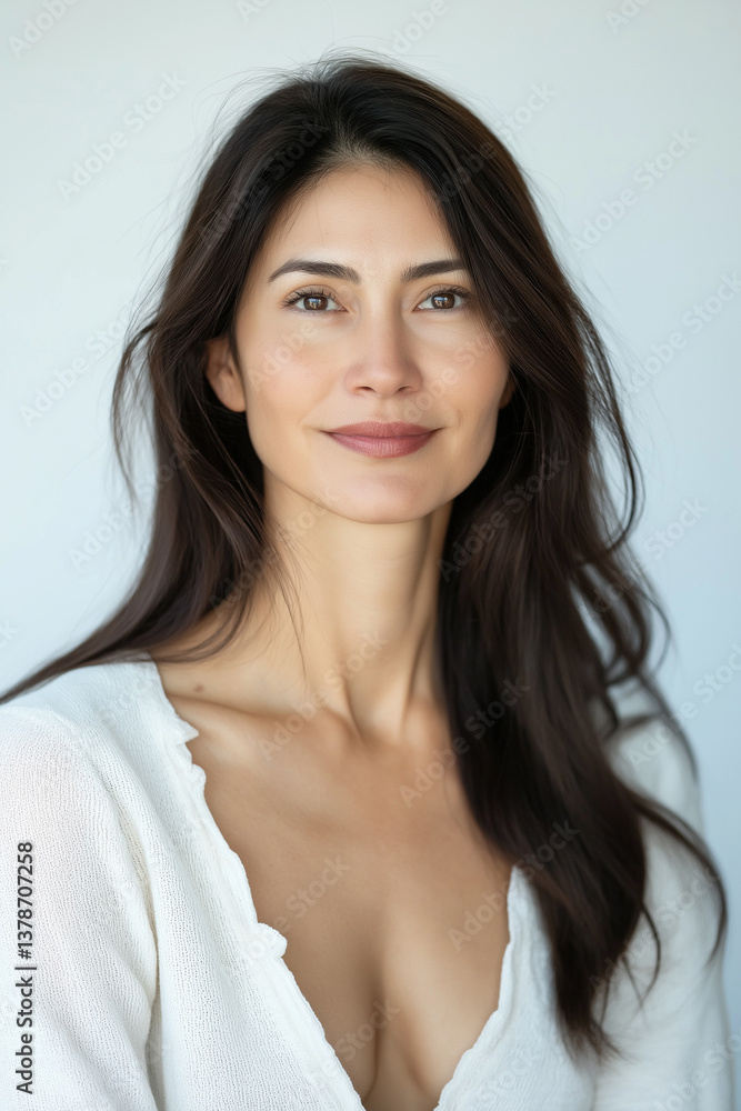 Close-up portrait of a woman with long, dark brown hair that falls loosely around her shoulders. The image is a headshot, focusing primarily on her face and upper chest. The woman's expression is Close-up portrait of a woman with long, dark brown hair that falls loosely around her shoulders. The image is a headshot, focusing primarily on her face and upper chest. The woman's expression is