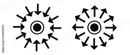 black silhouette inward arrow icon. flat and vintage style inward arrow on white background.
