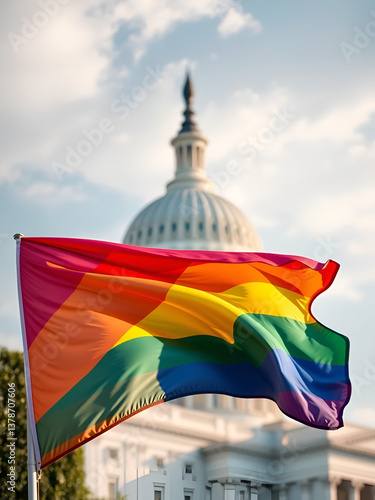 Beautiful flag of LGBT pride waving with the strong wind and behind it the dome of the Capitol USA 3D RENDER, 3D RENDERING LGBTQ, gay pride, LGBTQ+ . .