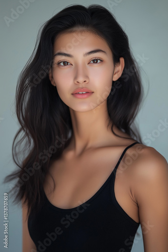 The image presents a close-up, slightly low-angle portrait of a young woman's face, neck, and upper shoulders. Her long, dark, wavy hair cascades partially over her left shoulder.  The lighting is
