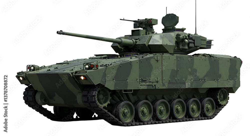 A military tank with camouflage pattern isolated on black background A military tank with camouflage pattern isolated on black background