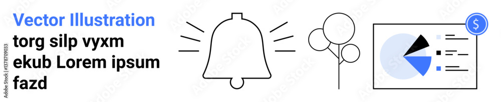 Fototapeta premium Notification bell ringing, floating balloons, and financial chart with pie graph and dollar icon. Ideal for alerts, celebrations, finance, statistics, savings, planning simple landing page