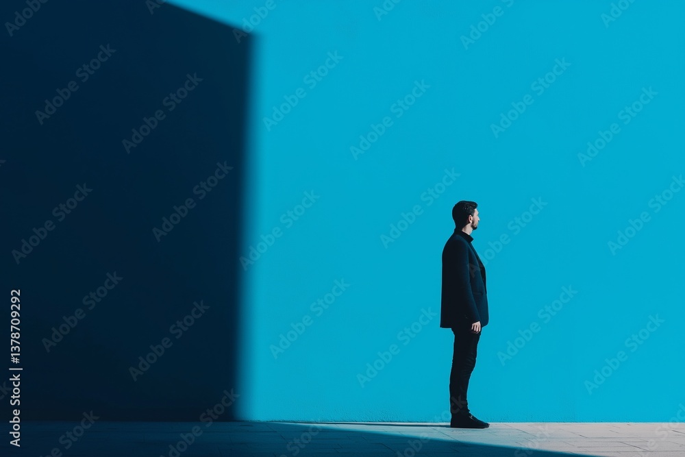 A lone figure stands in silhouette against a bold blue wall, symbolizing contemplation and isolation. A lone figure stands in silhouette against a bold blue wall, symbolizing contemplation and isolation.